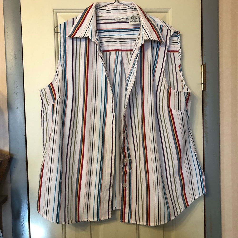 Ladies White Stag Striped Sleeveless Button Up Shirt/Blouse Size XL (16-18)